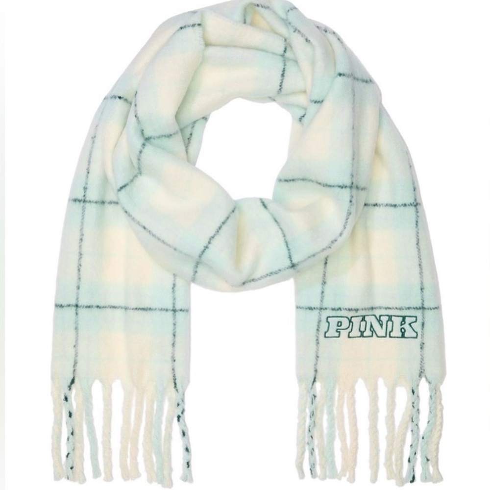PINK White and Green, Black Fringed Scarf- Preloved.